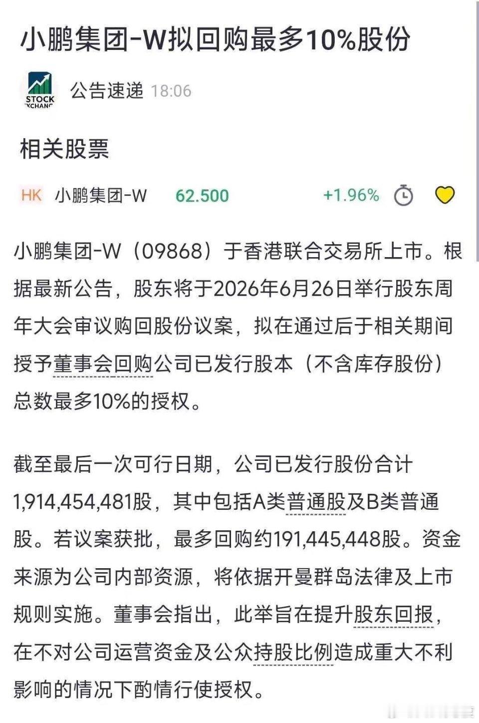 小鹏也准备回购股票了，最高上限回购1.9亿股，需要6月26日股东大会通过。 今晚