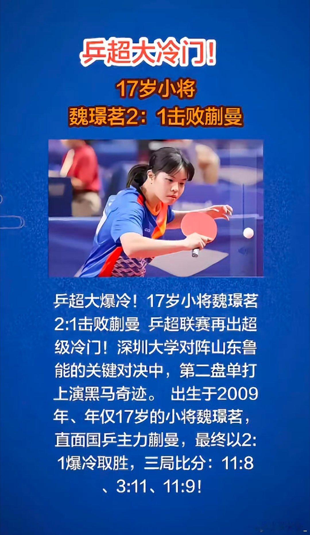 17岁削球小将魏璟茗2-1力克世界第四蒯曼，这冷门爆得真够响。🏓赛前谁敢想？初