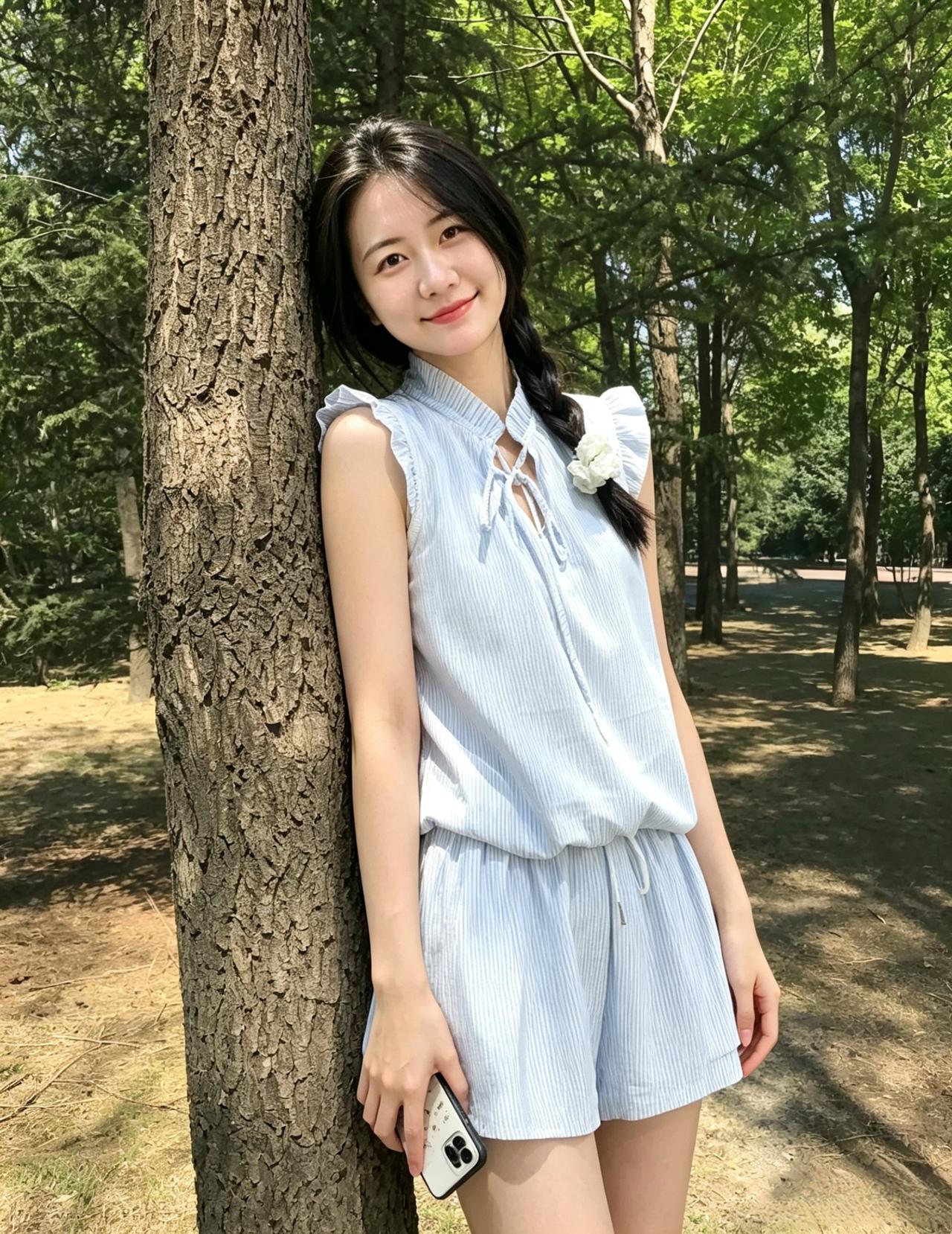 你靠着斑驳老树
一束繁花，一缕浅笑
便惊艳了整片夏日山林