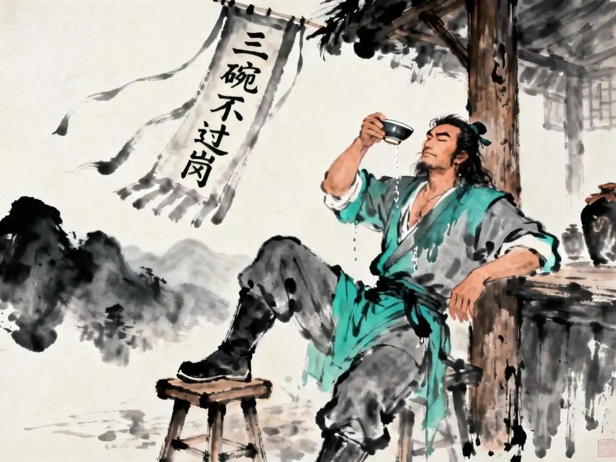 施耐庵根本没写店家反复续杯，原著里自始至终只摆了三只碗，筛酒全靠循环添注，既不用