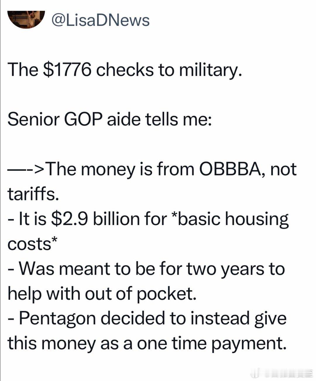 关于“$1776军人年终奖”：不是关税收入，是“又大又美”法案批准，国会拨款$2
