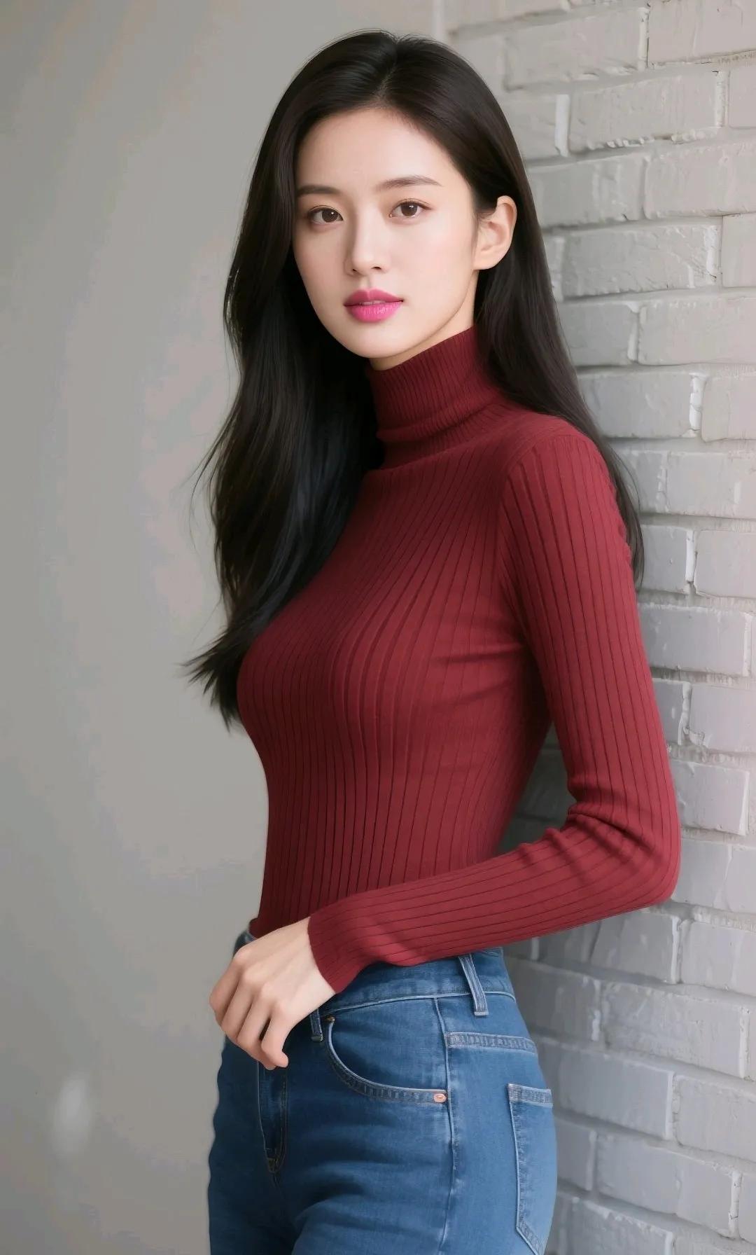优雅红衣少女，砖墙背景下的时尚穿搭。