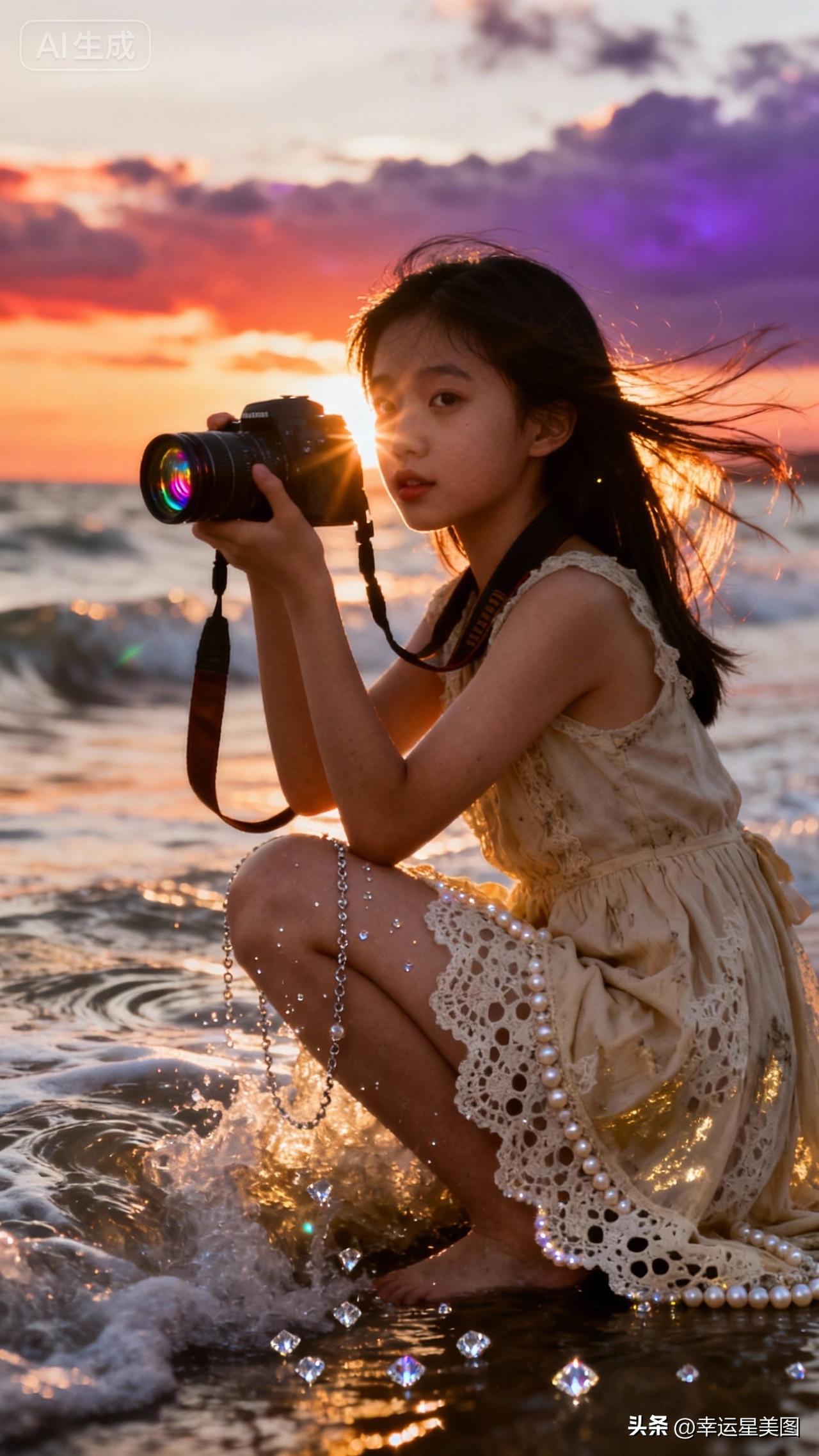 日落海边，小摄影师的梦幻瞬间