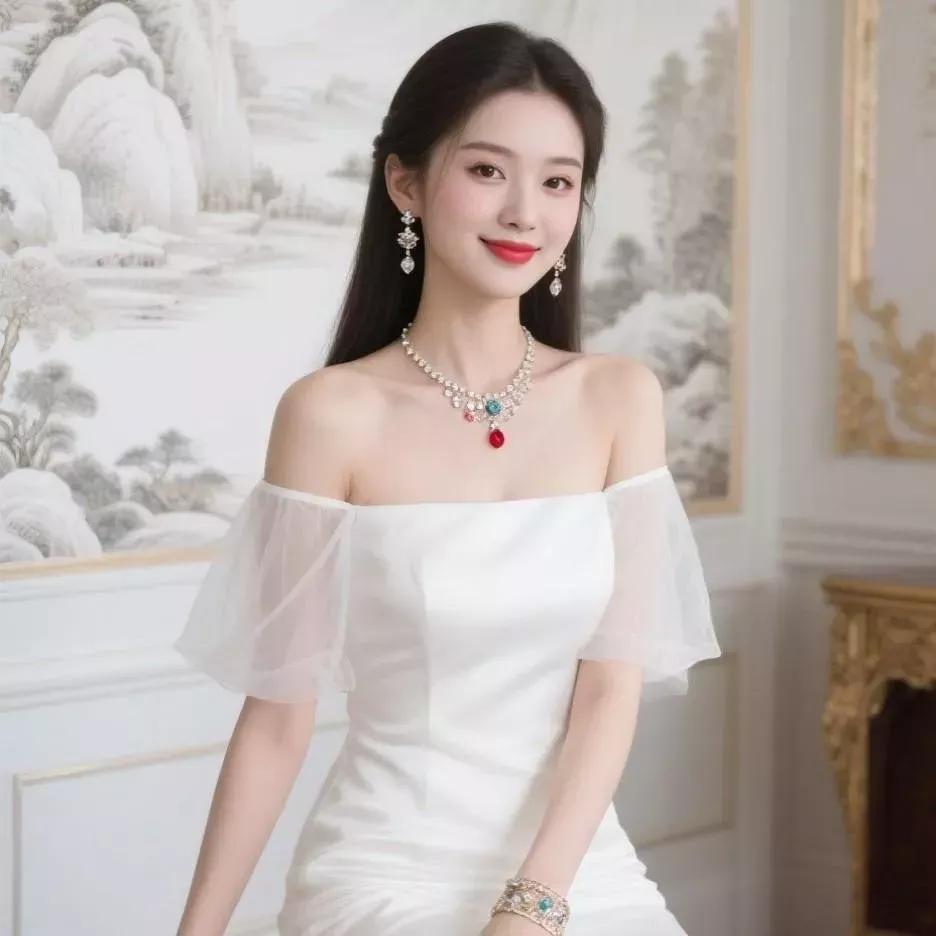 典雅东方韵味，白纱长裙，珍珠珠宝，尽显高贵气质温婉气质配饰 白色纱长裙 珍珠礼服