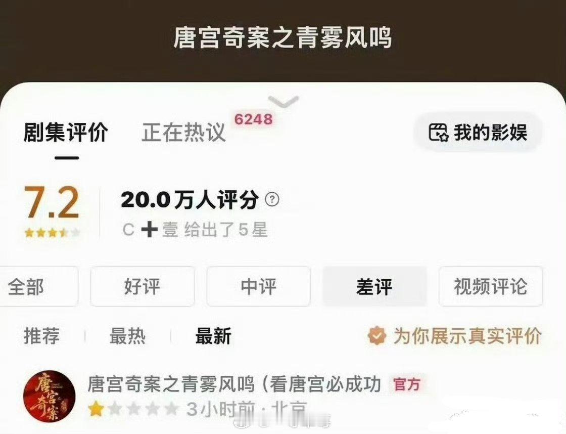 《唐宫奇案》官抖手滑给剧打了一星