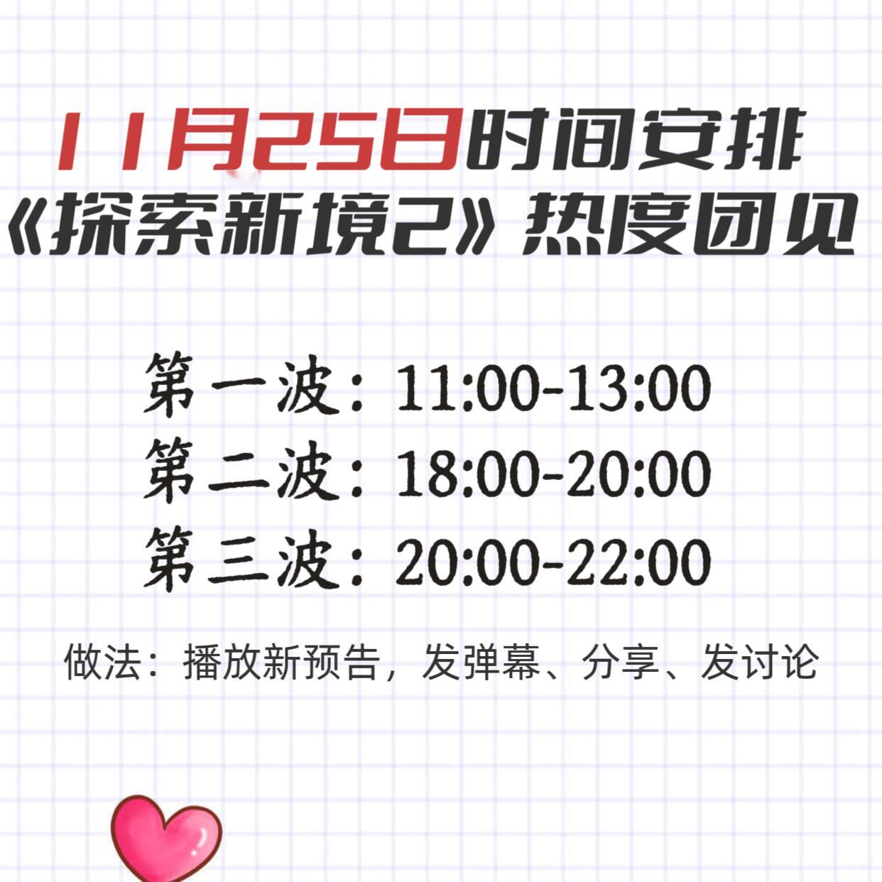 【11月25日《探索新境》垫🔥安排】根据腾讯视频热度规律，9点到13点猛涨，1