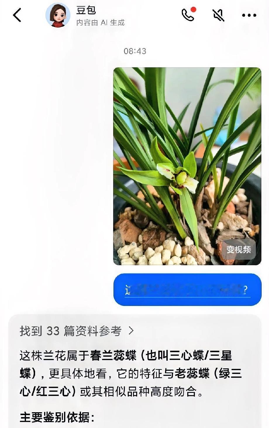 又一次见识了豆包的强大功能。

有一个春兰开了，想了好长时间忘记了名字。

这个
