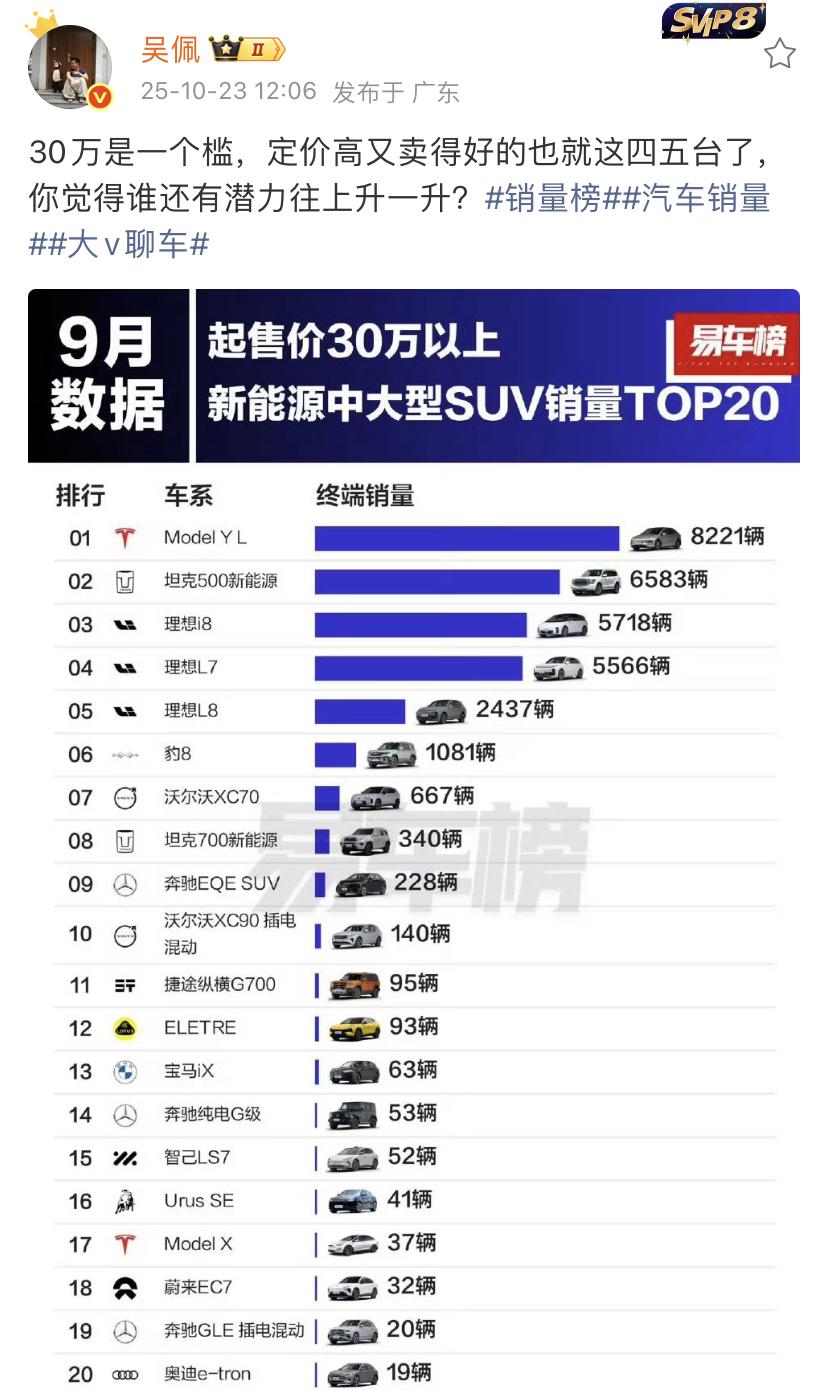 吴佩：30万是一个槛，定价高又卖得好的也就这四五台了，你觉得谁还有潜力往上升一升