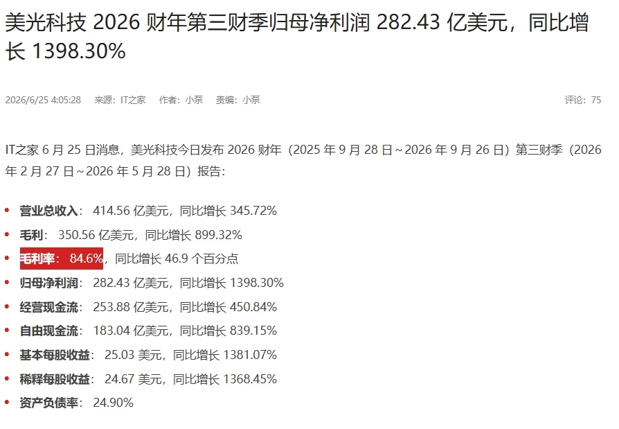 美光3季度，净利润增长13.98倍（对的，没看错），毛利率84.6%。现在做内存