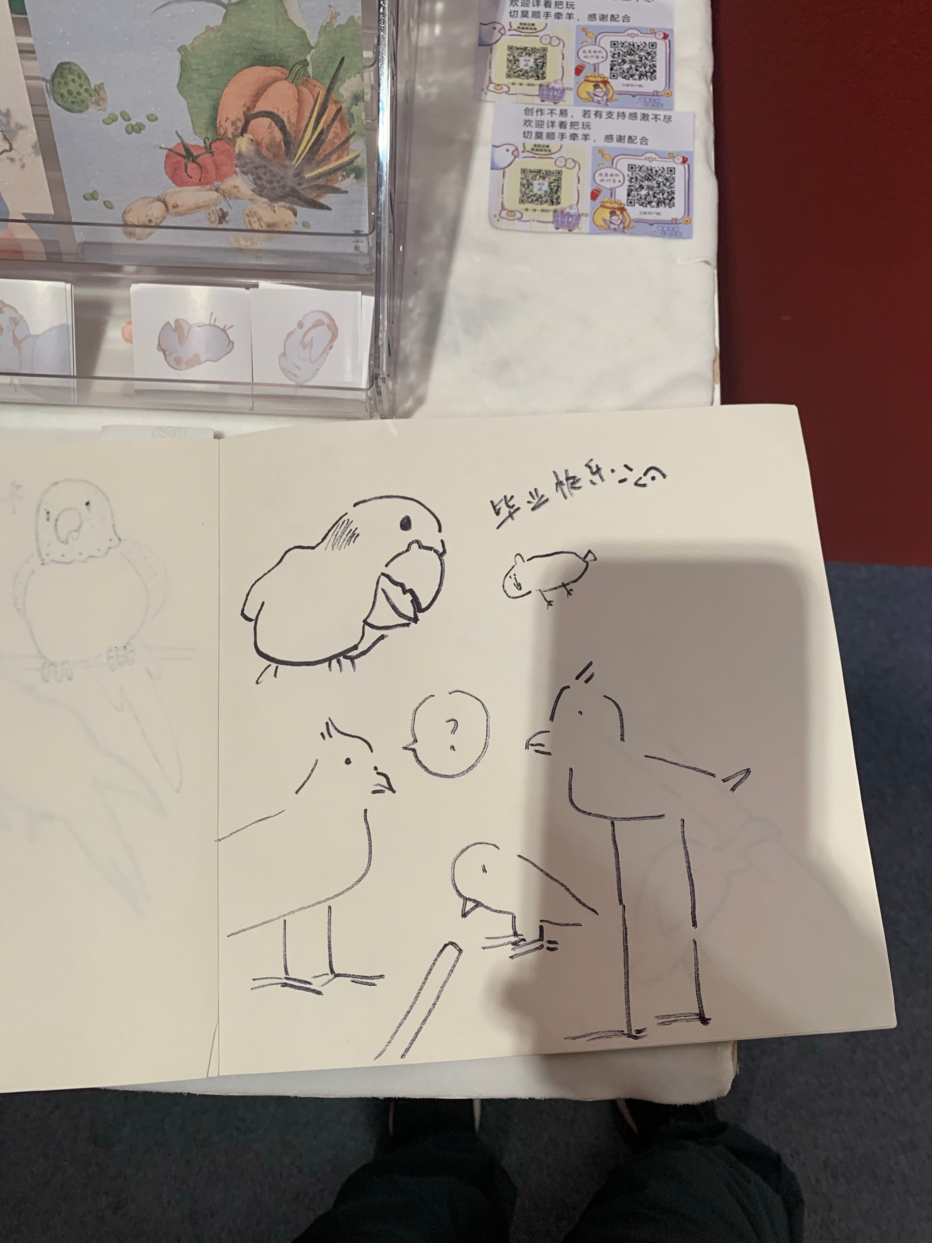 来看央美毕业展，这个同学的毕业作品都是她画的小鸟，然后毕业留言薄上全是观画人留下