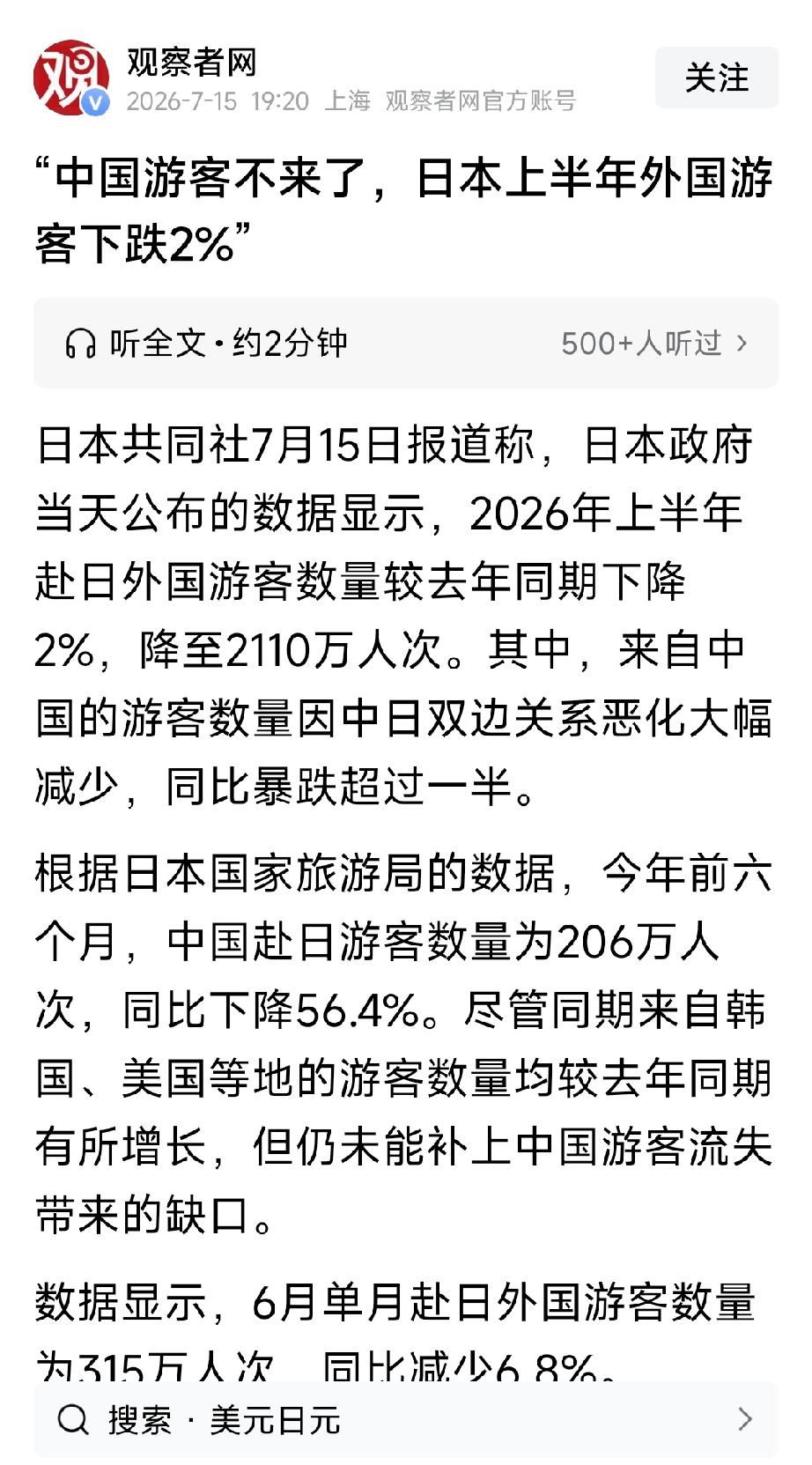 日本惨了，今年上半年中国去日本的游客下降了56.4％。由于中国游客的严重缺失，中