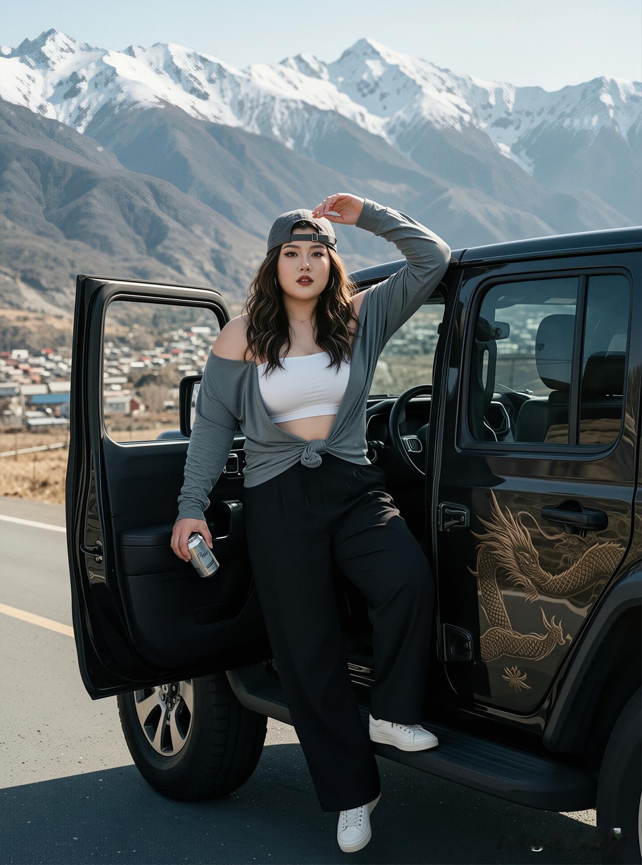 雪山为幕，旷野作伴。
反戴的棒球帽藏着不羁，灰衫打结的随性里裹着自在。
手握一罐