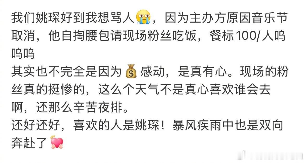 音乐节取消姚琛给粉丝组饭局暴雨挡得住演出，挡不住姚琛的用心。敕勒川音乐节取消后，