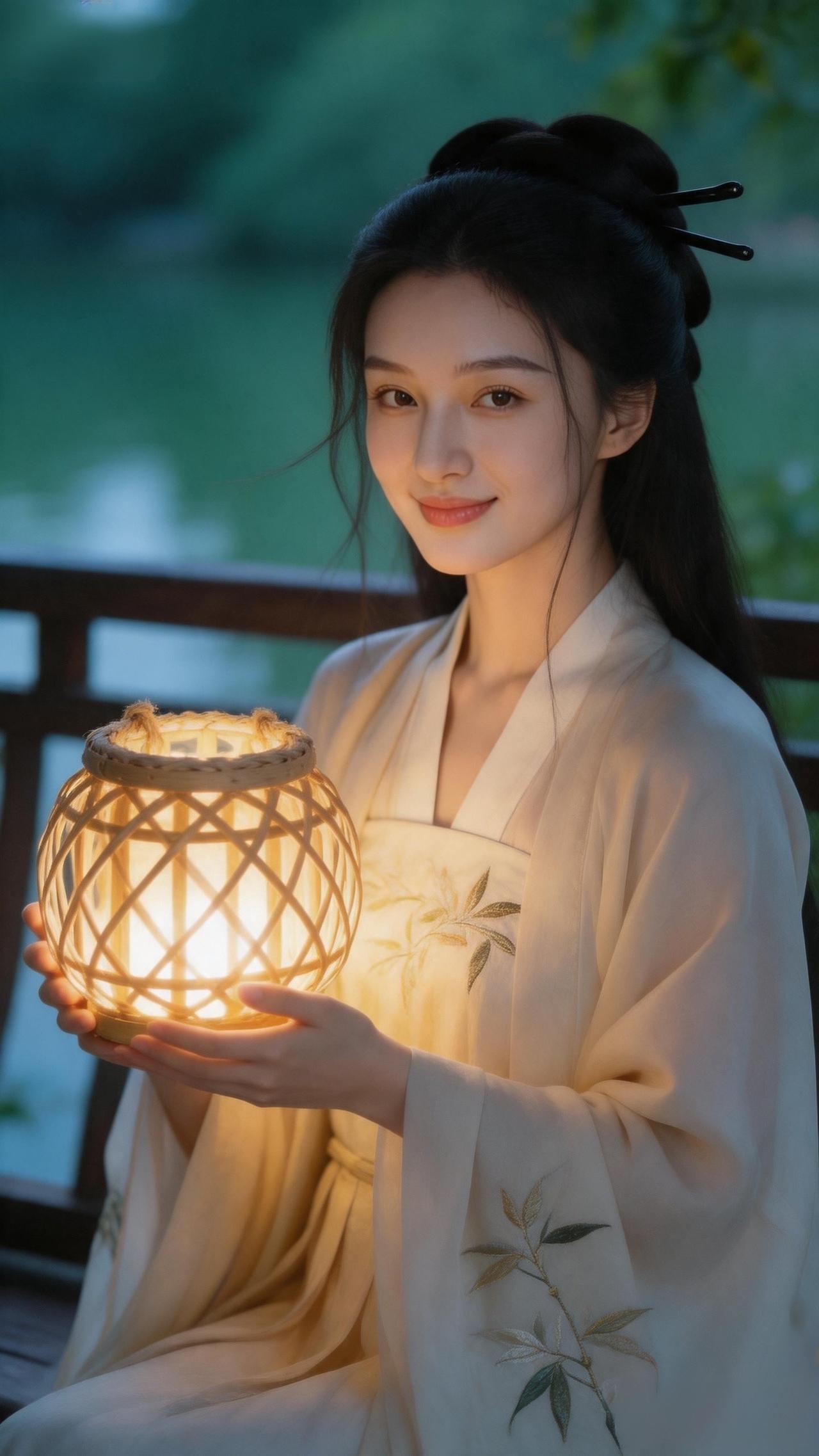  暮色浸湖，微光渡人， 手中一盏灯火，眼底半卷山河，浅夜、竹灯、静水，自成一幅古