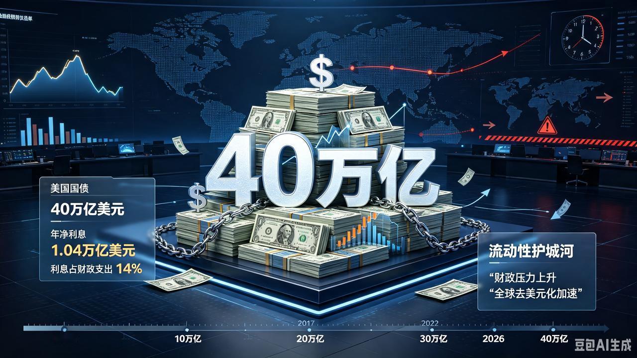 40万亿美元美债体量不断膨胀，看似短期有美元霸权兜底难以突发爆雷，但其隐性风险早