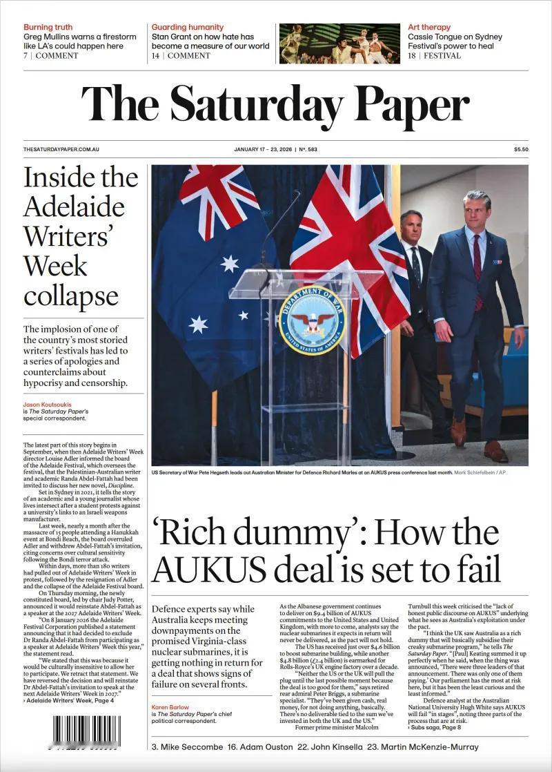 澳大利亚《星期六报》头版报道称，“富有的蠢货”：澳英美三边安全伙伴关系协议（AU