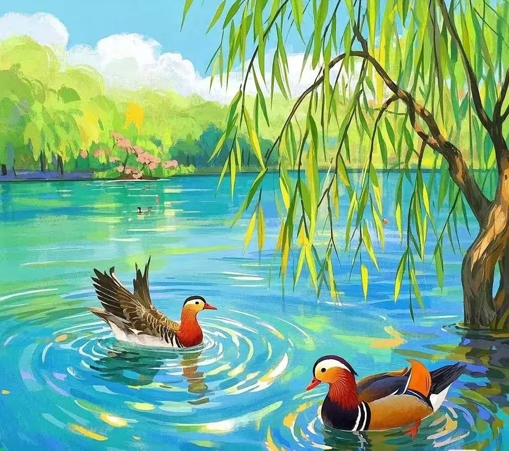 四块玉·江南早春
柳色新，烟霖润，
戏水鸳鸯闹三春。
游人停步悄声隐。
怕扰魂，