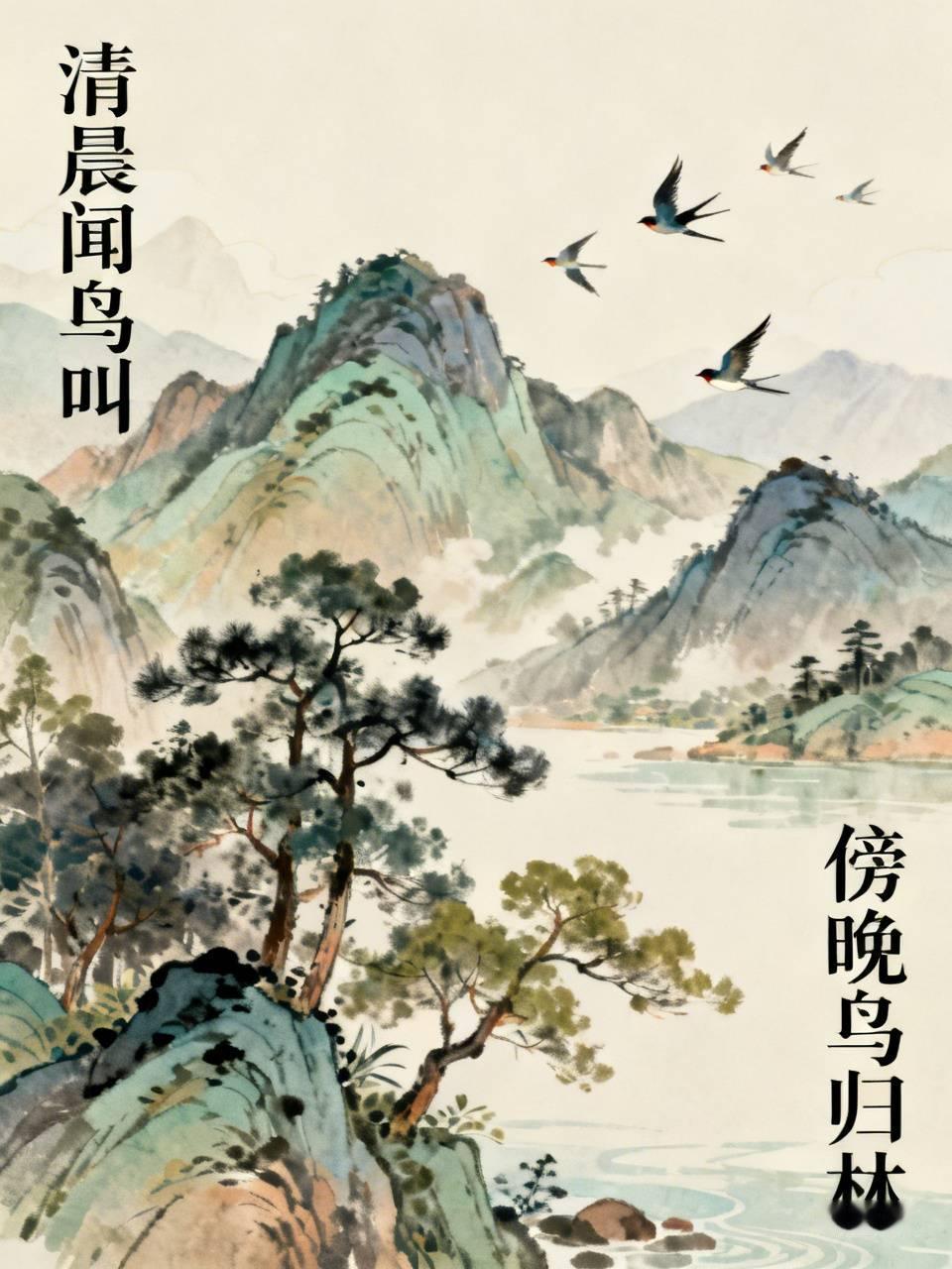下联：傍晚鸟归林。