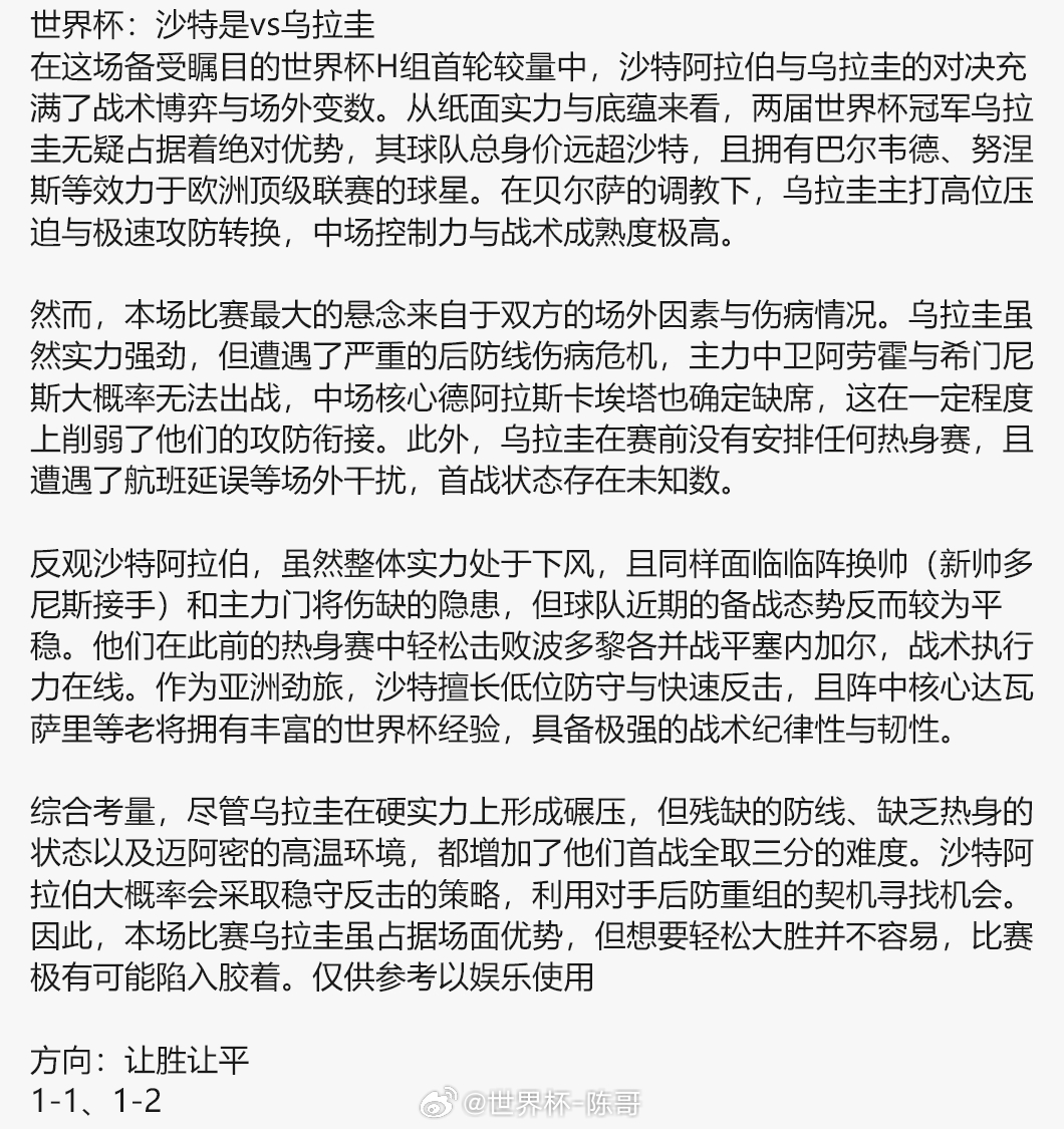 陈哥猜比分活动世界杯沙特阿拉伯vs乌拉圭 前五位猜对的朋友找我领取奶茶，按照时间