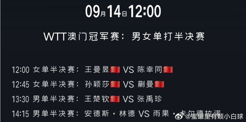 WTT澳门冠军赛2025 09月14  12:00男女单打半决赛12:00 女单