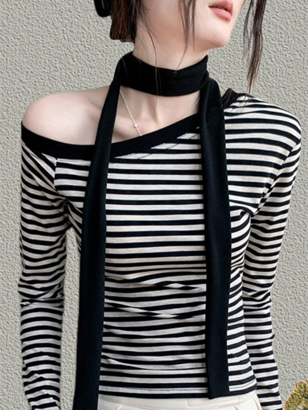 上衣 上衣穿搭 秋季新款 长袖打底衫 斜肩上衣