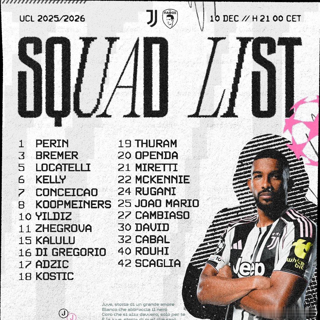 你妇公布了和帕福斯的比赛大名单，加蒂、弗拉霍维奇、米利克、平索里奥因伤缺阵，布雷