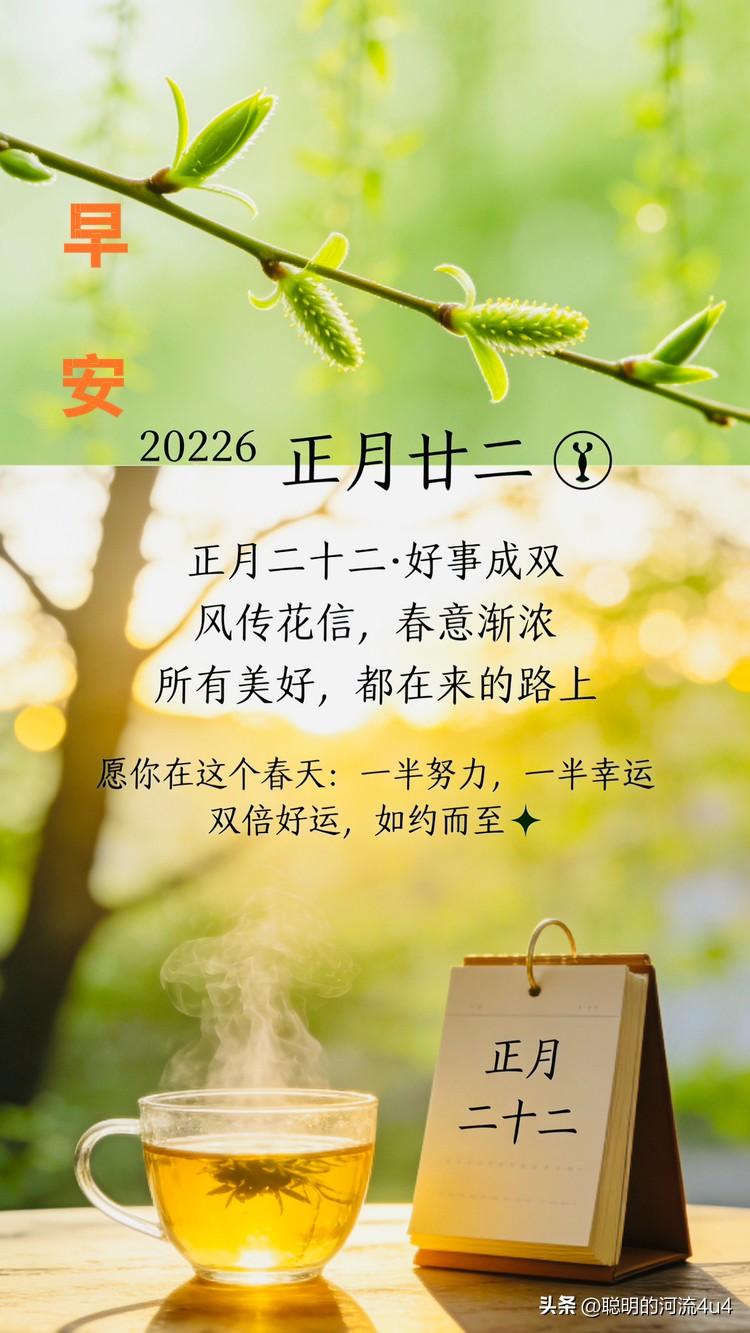 [微风]💐🌱💖🍵☕️🌞💐🍃
正月二十二，早安！
年味渐远，
春意已