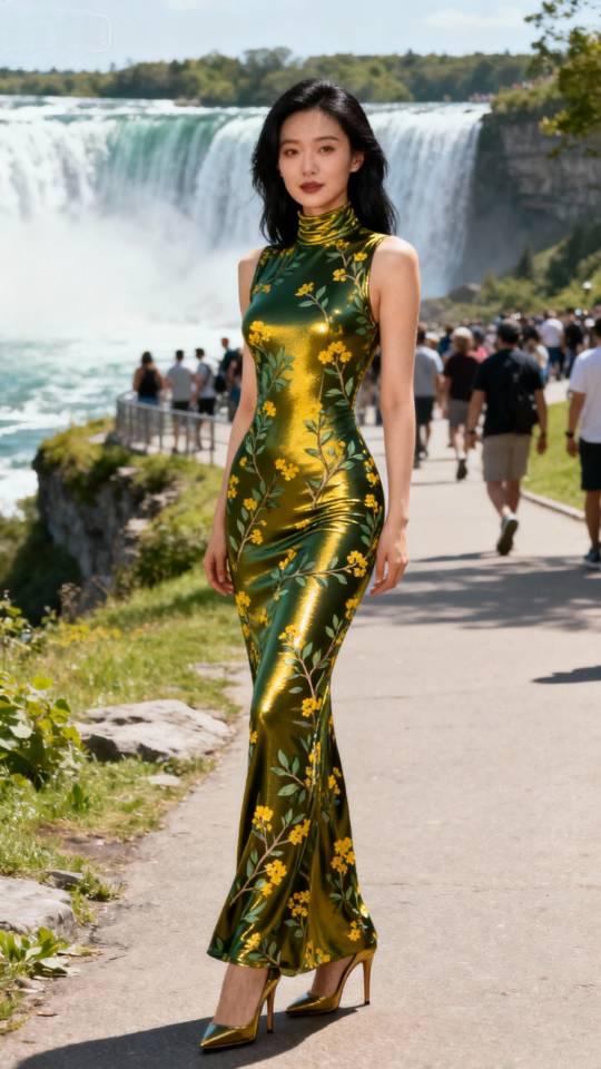 旗袍裙美女瀑布前留影。旗袍 美女壁纸