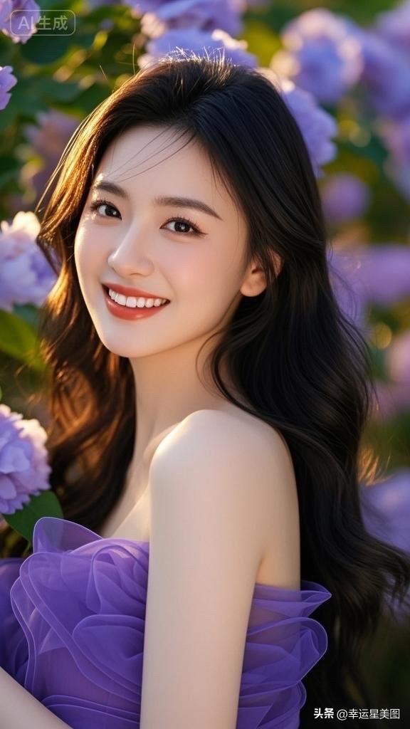 梦幻紫色花海中的优雅仙女，微笑如花绽放