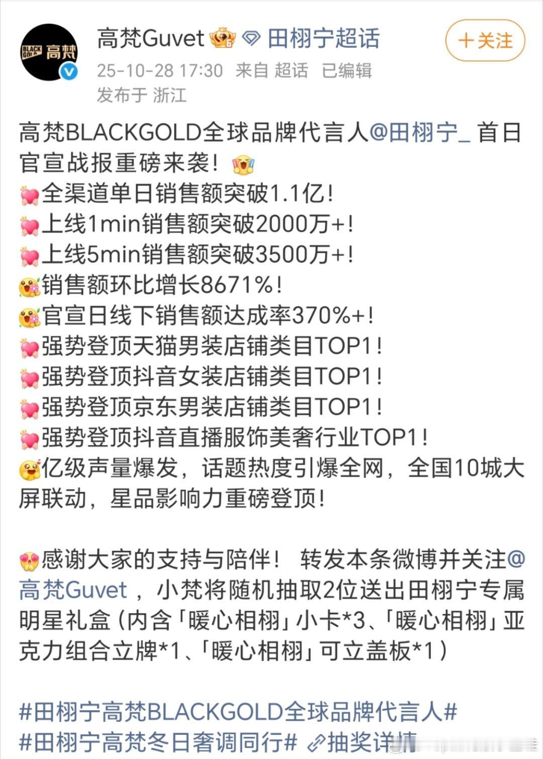 难怪田栩宁代言高梵以后，高梵直接开了庆功宴，原来全渠道单日销售额突破1.1亿，田