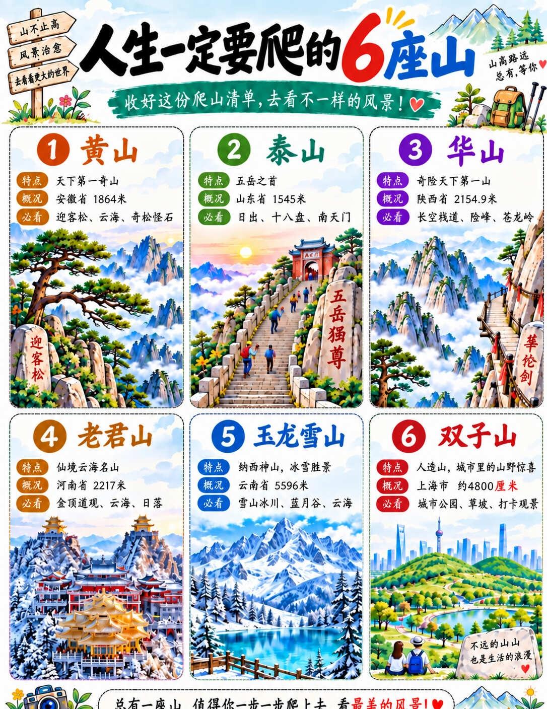 人生必爬6座山攻略⛰️|小长假去爬山
中秋国庆想登山的宝子收好这份清单👋
6座