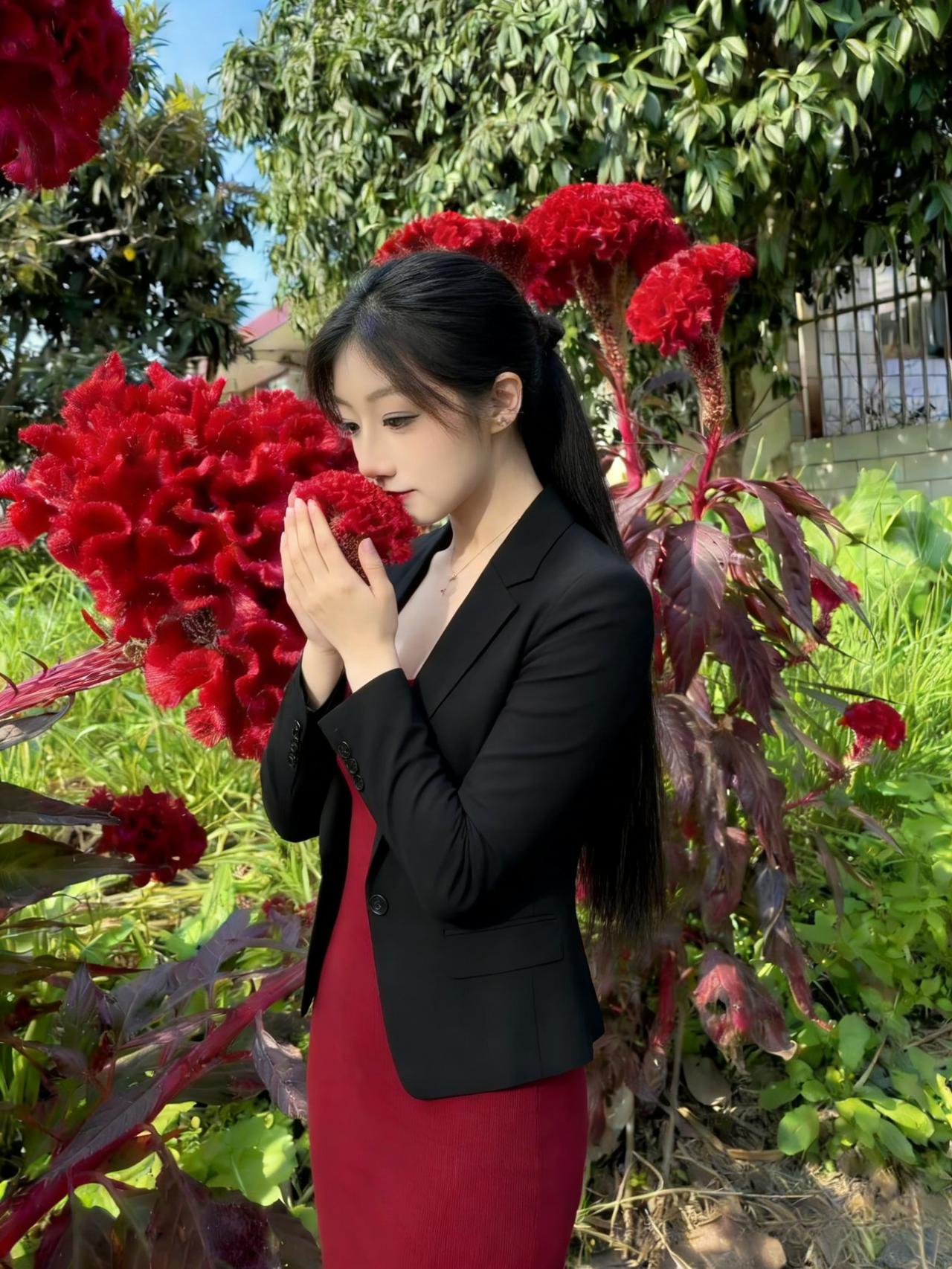 不必说话，鸡冠花替她发声
红裙是最热烈的宣言
她站在花间
大自然为她们的女王加冕