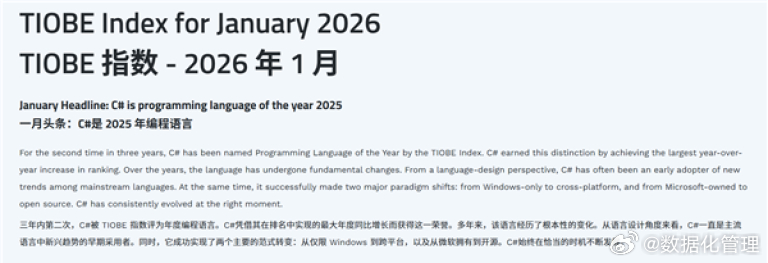 跟踪编程语言流行趋势的TIOBE公布了2025年度编程语言，C凭借过去一年中最为