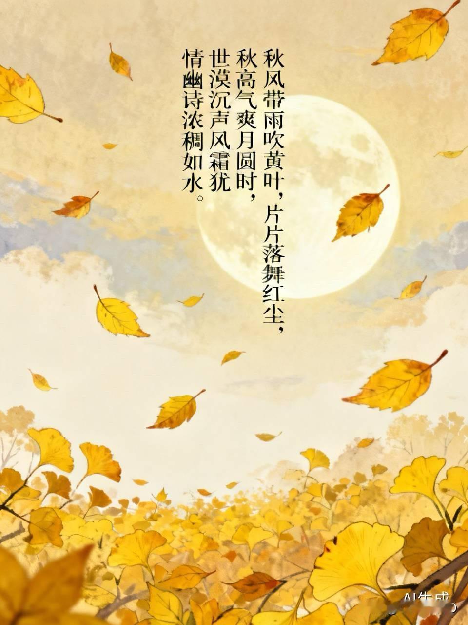 秋风带雨吹黄叶、
片片落舞䒻红尘、
秋高气爽月圆时、
世漠沉声风霜犹、
情幽诗浓