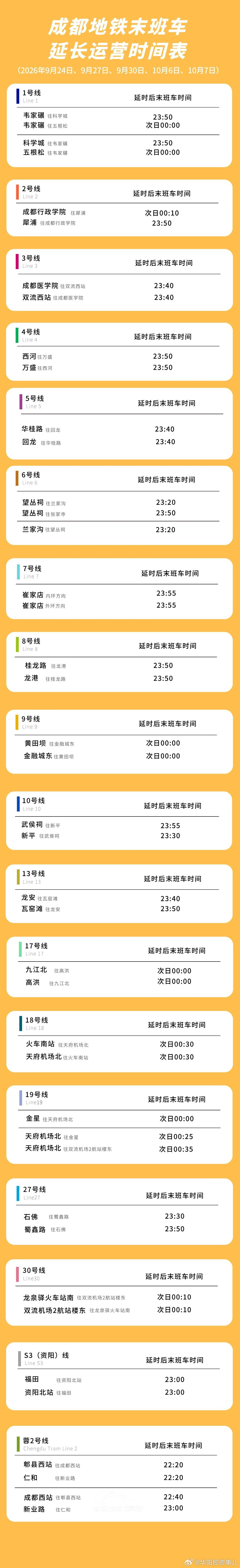 成都地铁延时运营通知 中秋节国庆节成都地铁 ​​​