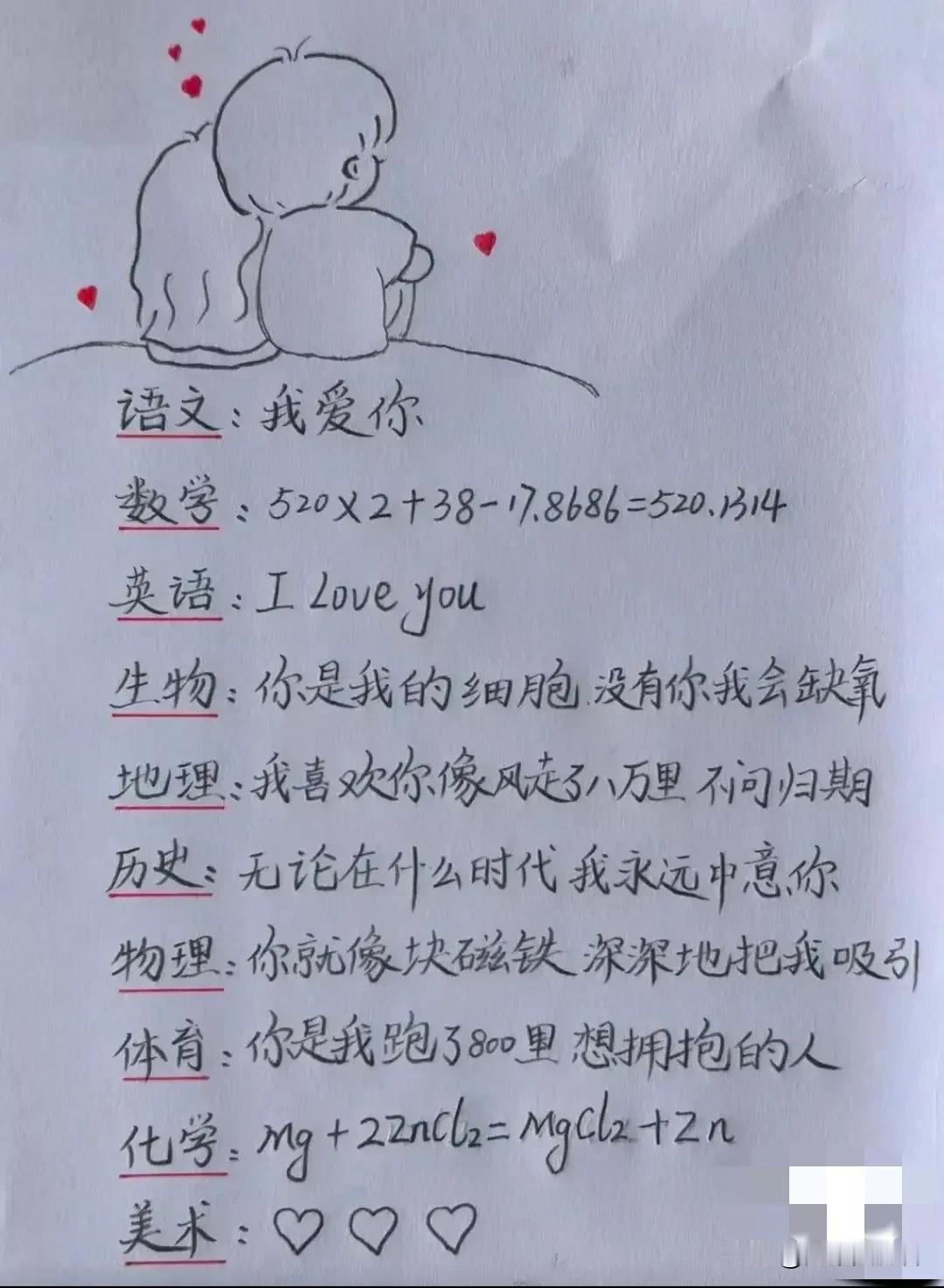 语数外，政史地

对爱的表达方式我都能看懂


唯独这个化学，太难了，这是想表达