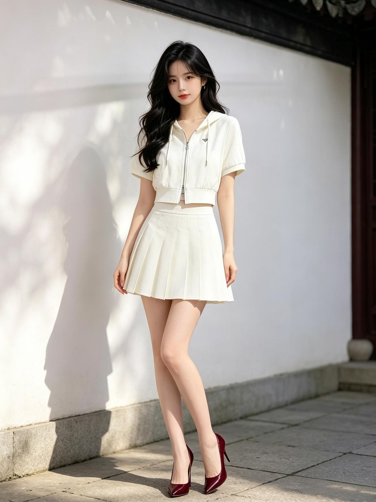 奶白套装遇上红高跟鞋，阳光下的俏皮少女感太绝啦！