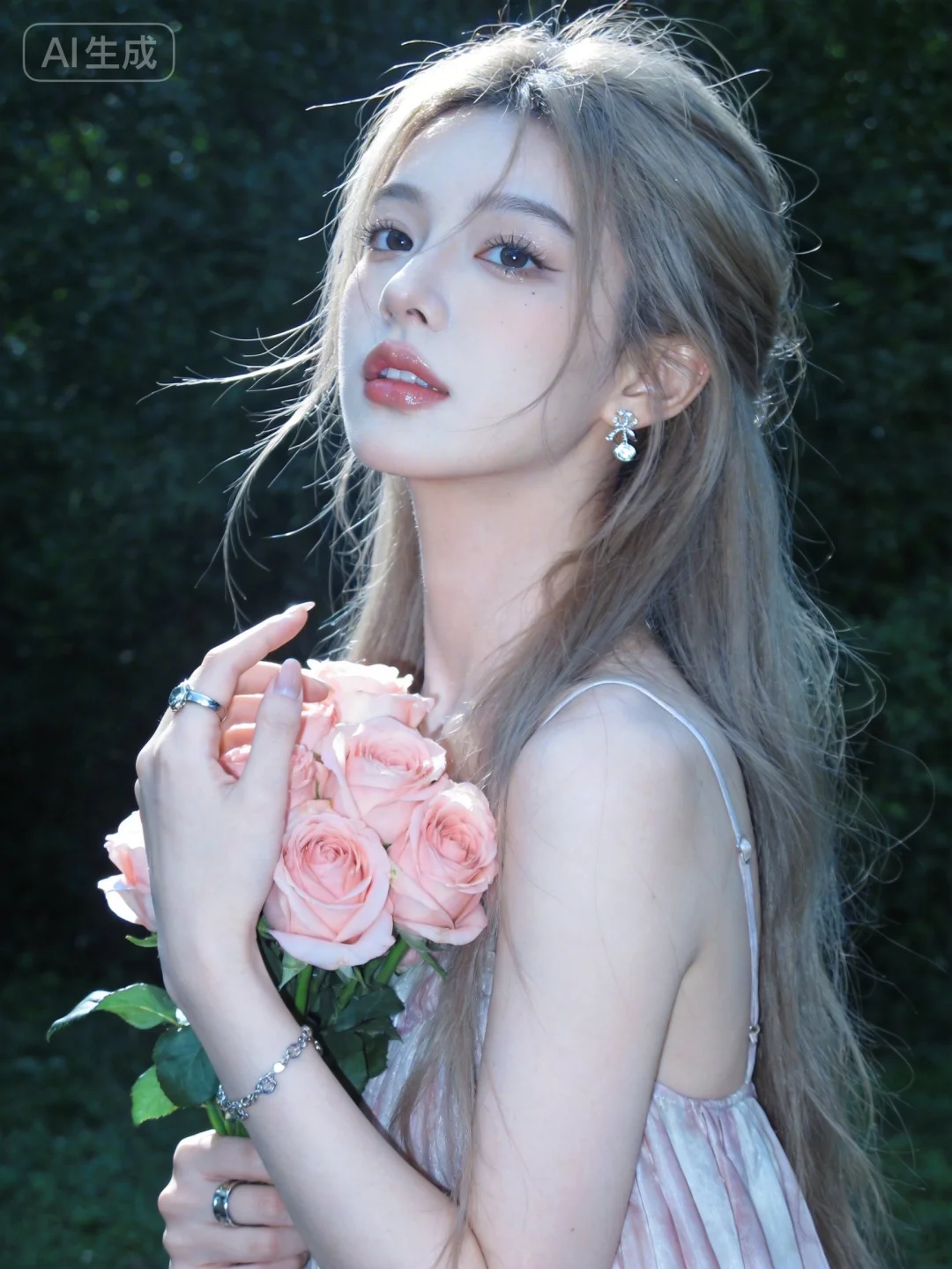 真实摄影，头部特写，亚麻色长发，佩戴耳饰、手链、戒指，身穿吊带长裙，手持粉色玫瑰