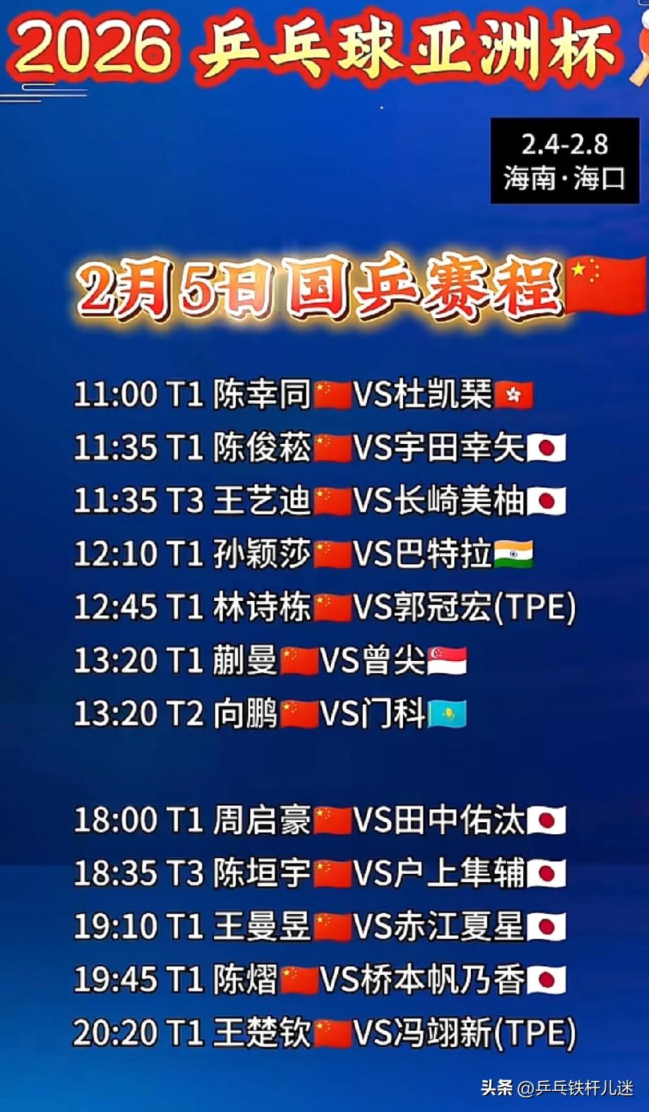 2026年乒乓联盟亚洲杯于2月4日至8日在中国海南省海口市举行。
除梁靖崑因伤退