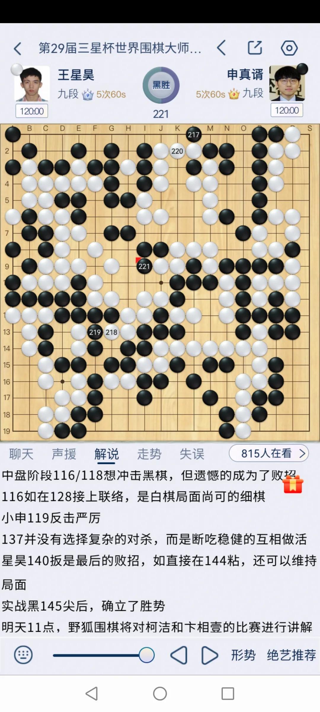 第29届三星杯世界围棋大师赛32强对决，焦点战申真谞胜王星昊。
这盘南洋杯决赛的