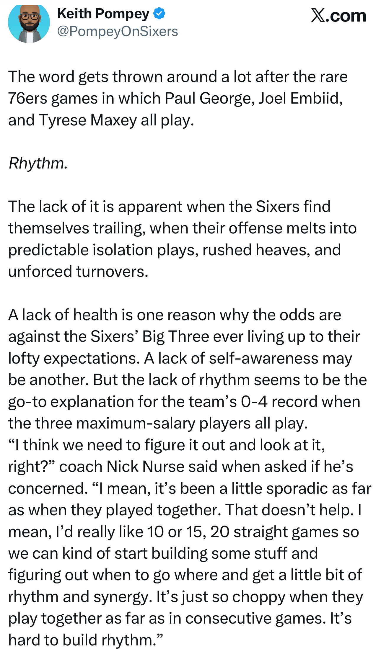 费城记者Keith Pompey发布长文表示，每当76人队的保罗·乔治、乔尔·恩