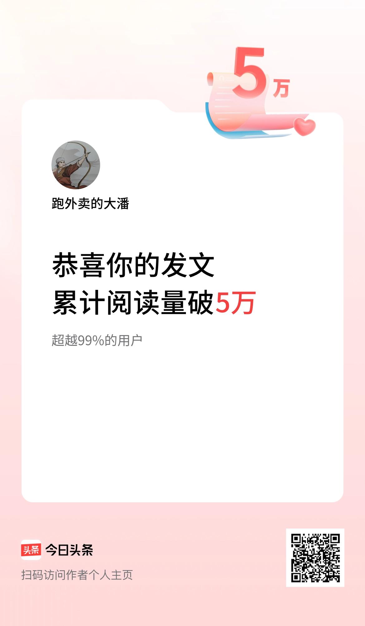 🤝我在头条累计获得阅读量破5万啦！