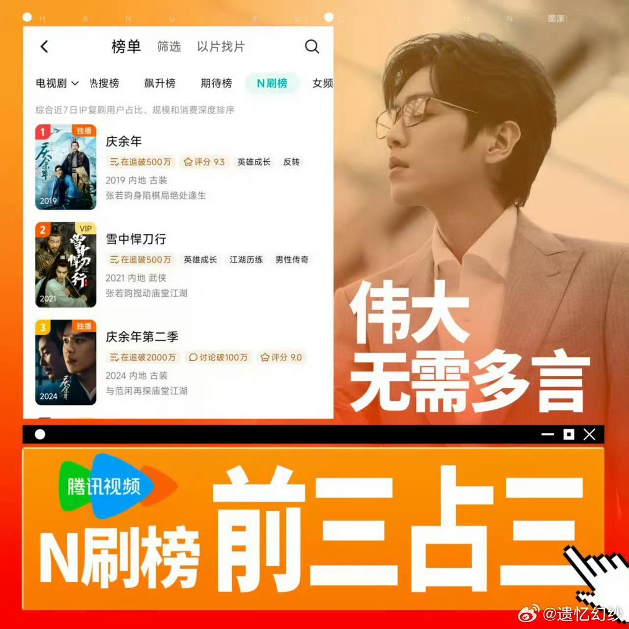 张若昀庆余年 张若昀雪中悍刀行 因为我昀带来的关注度，雪中在男频中能排到第二名！