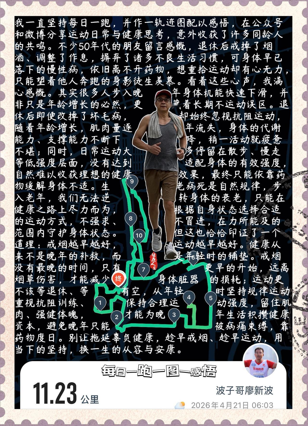 【​趁早动起来，晚年方能少遗憾】我一直坚持每日一跑，并作一轨迹图配以感悟，在公众