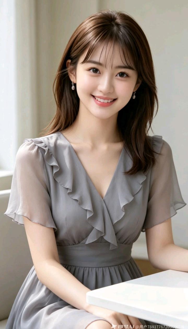 一个漂亮女孩穿着灰色裙子微笑。散步的时候,你有怎样的感受? 淡黄色长裙穿搭 灰色