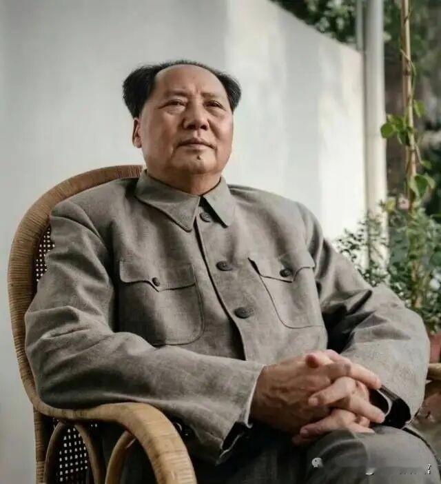 庭院清幽，草木静谧。伟人端坐藤椅之上，双手轻叠，目光悠远沉静。褪去平日繁忙的公务
