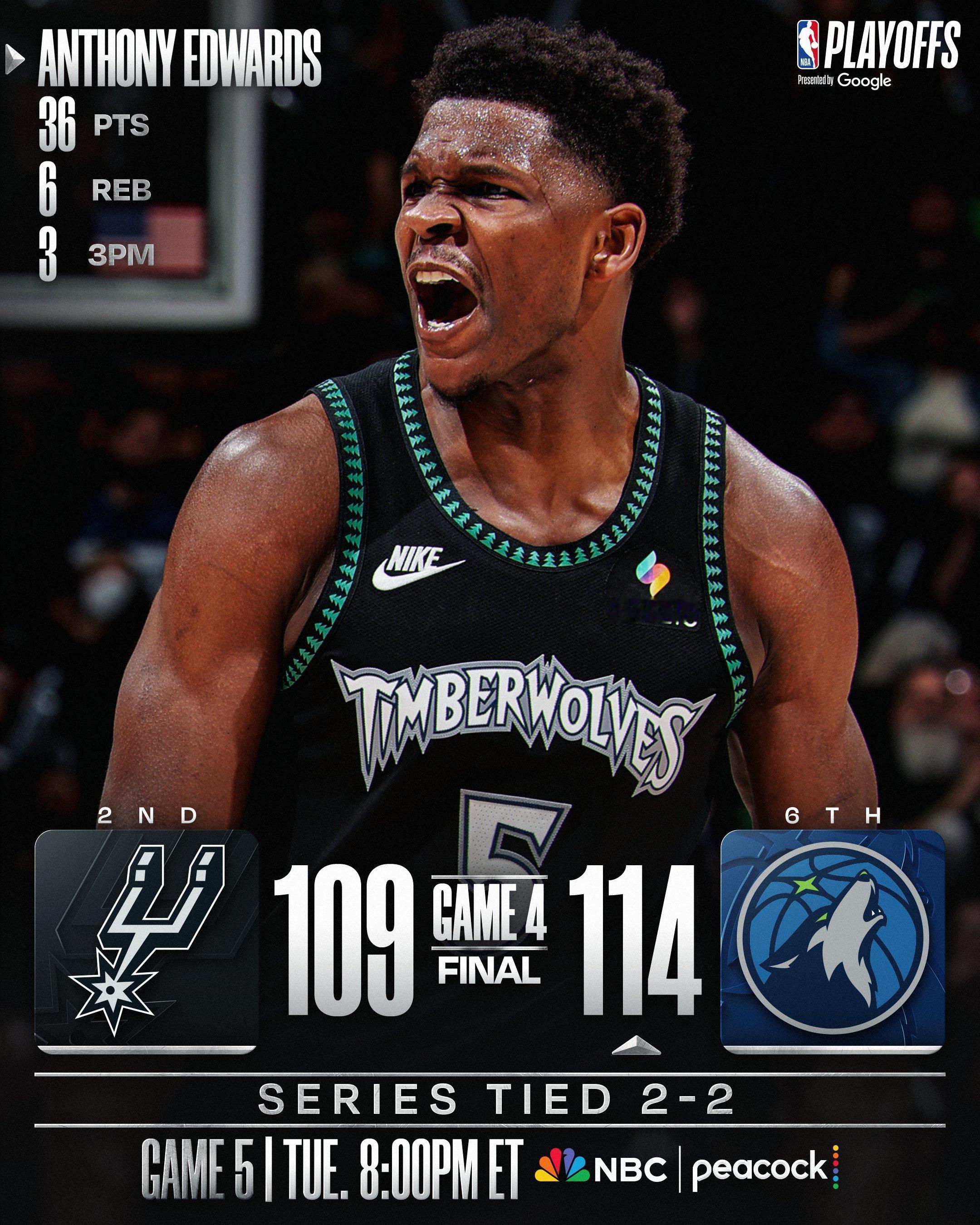 森林狼114-109马刺！大比分2-2扳平！！马刺vs森林狼 森林狼2比2马刺马