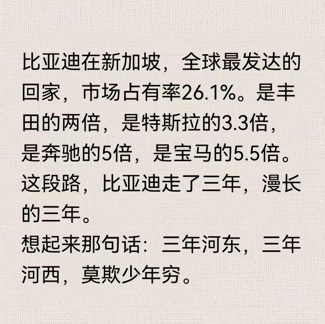 我们喜欢比亚迪，是因为他在海外同样真的很能打！
   比亚迪在新加坡市占率达26