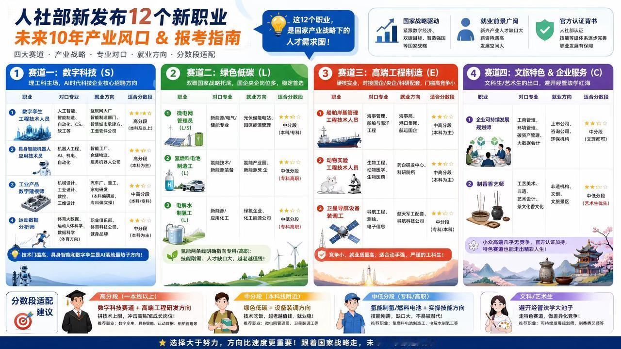 人社部发布12个新职业，划分数字科技、绿色低碳、高端制造、文旅服务四大赛道，紧扣