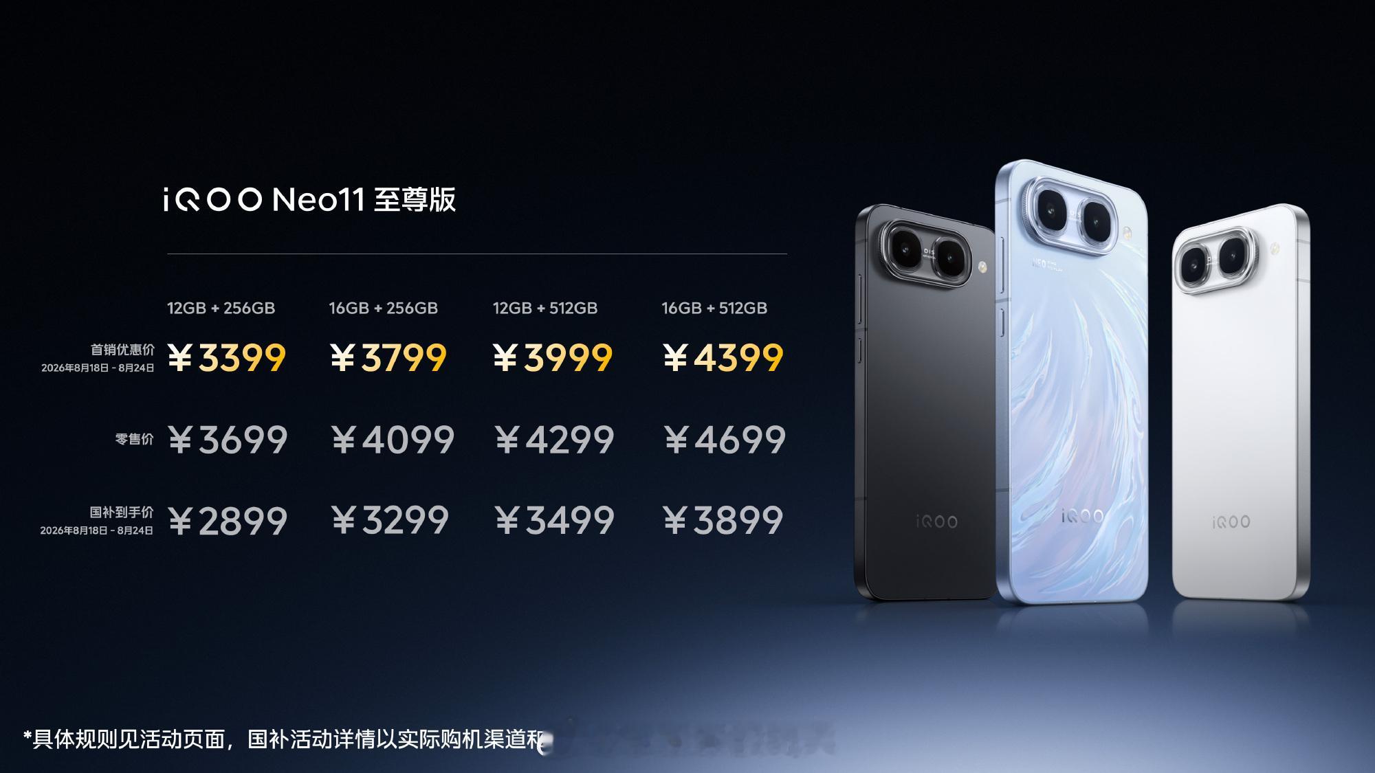 iQOO Neo11 至尊版首销期立减300元再叠加国补，到手价2899元起。 